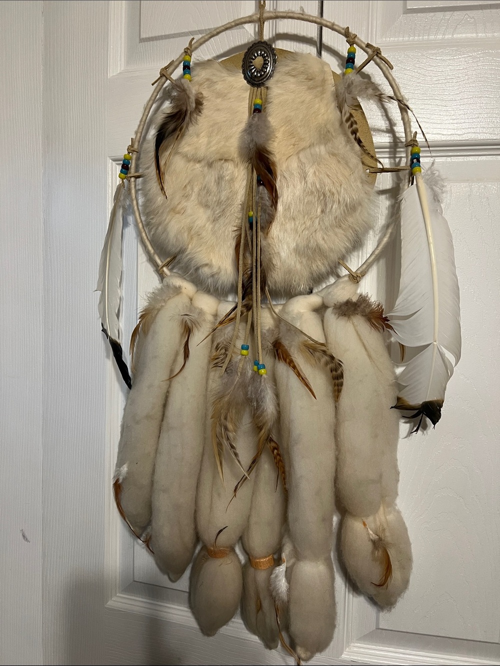 Handmade Cream Fur and Feather Dreamcatcher Wall Hanging